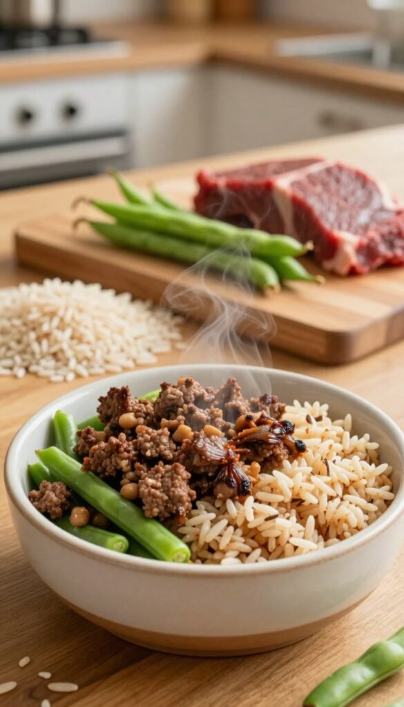 beef brown rice green beans balanced dog