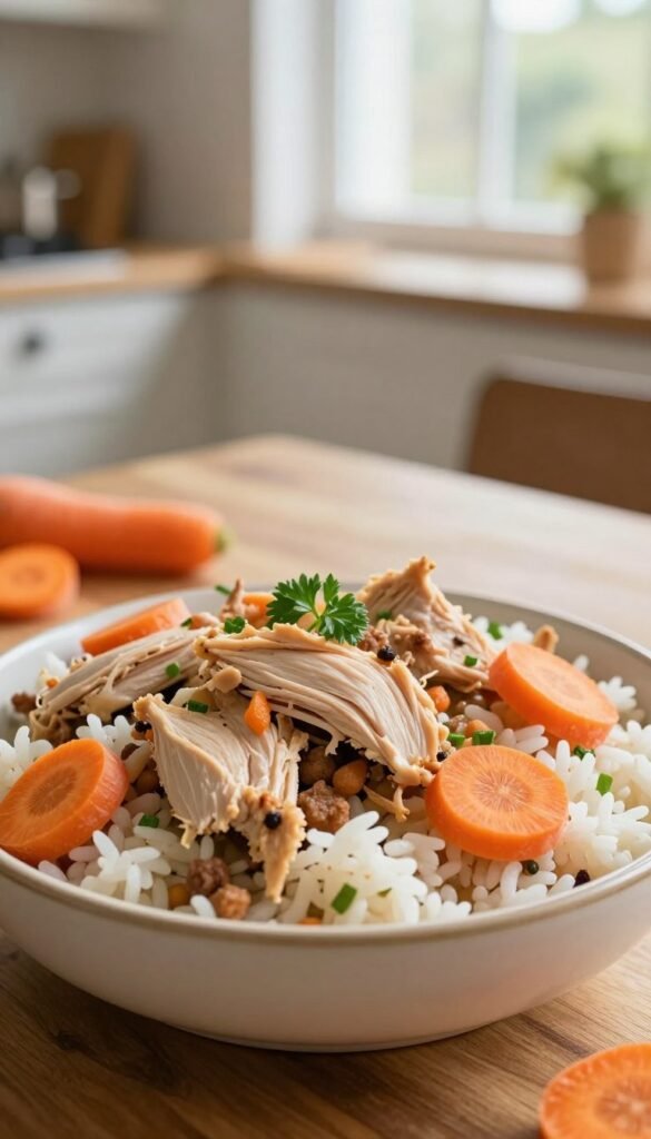chicken pieces with rice and carrot dog meal