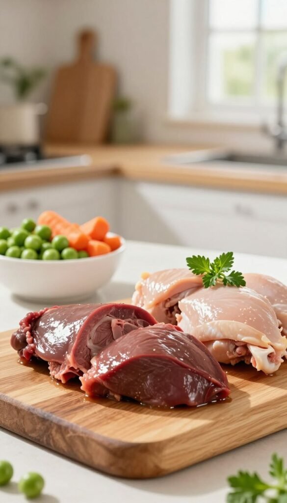 grain-free cat meal with beef heart and chicken thigh